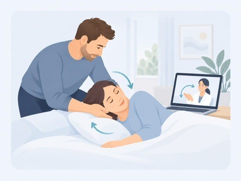 Illustrasjon av en person som hjelper partneren sin med hodeposisjonering hjemme, med en videokonsultasjon med en fagperson synlig på en bærbar PC i bakgrunnen