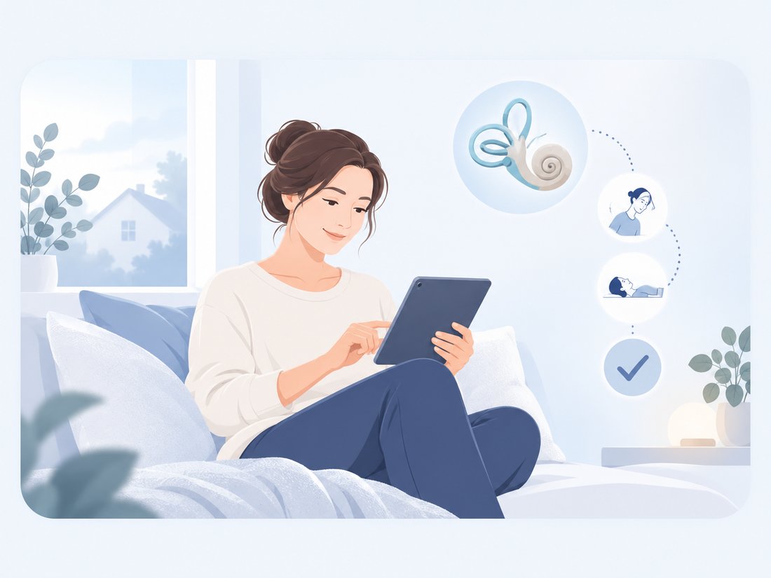 Kvinne som sitter avslappet i sofaen og følger en digital veiledning på nettbrett, med illustrasjon av det indre øret og tre steg i en manøver merket av med et hakemerke